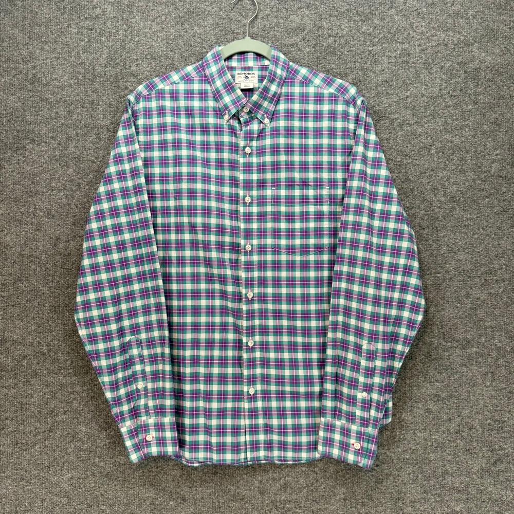 Bonobos Button Up Shirt Mens Medium Purple Teal Plaid Standard Fit Casual Prep